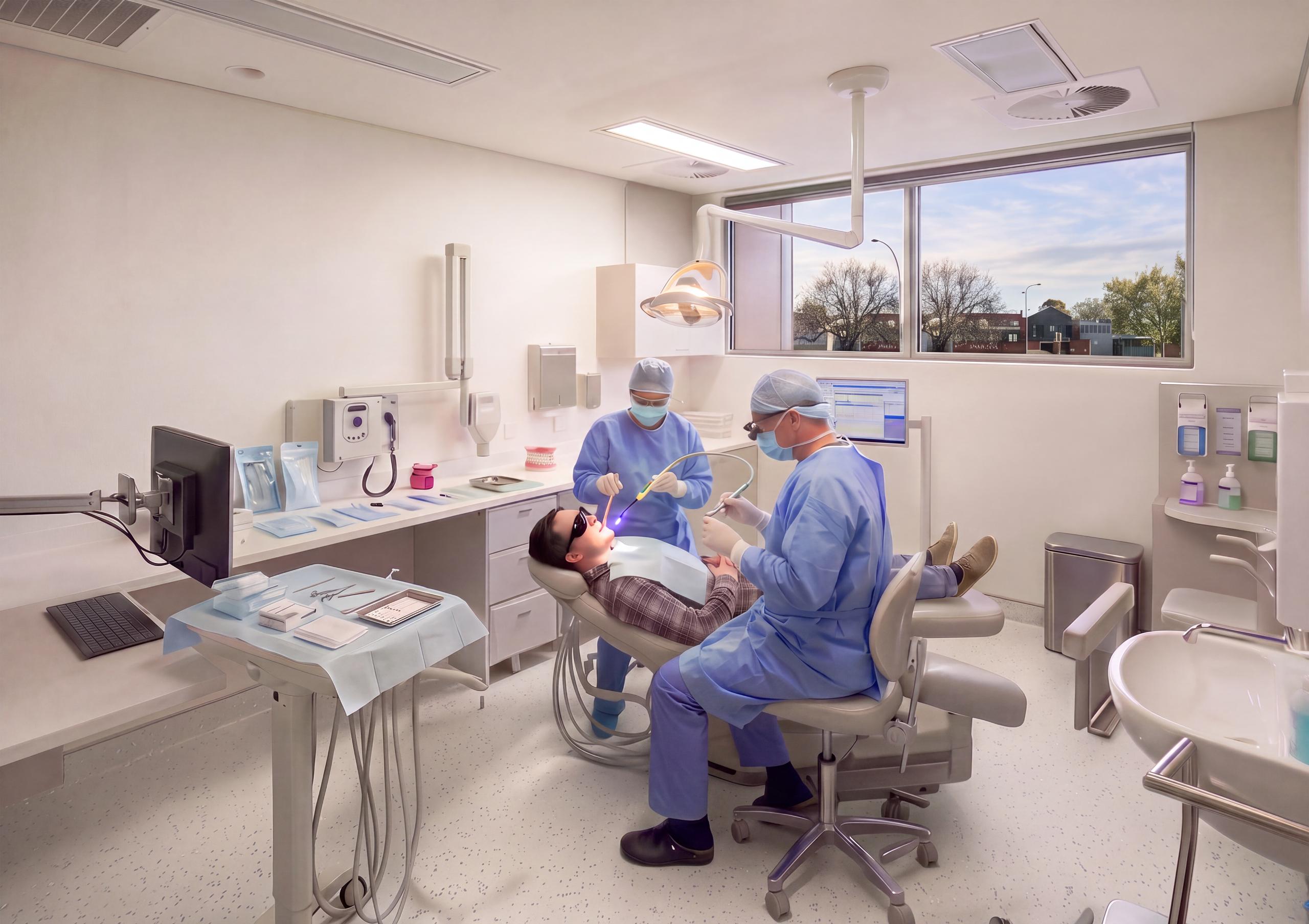 Modern dental treatment room with two clinicians in blue protective gowns performing a procedure on a patient reclining in a dental chair. The room contains dental instruments, computer monitors, overhead examination lighting, cabinetry, a sink, and large windows providing natural light.