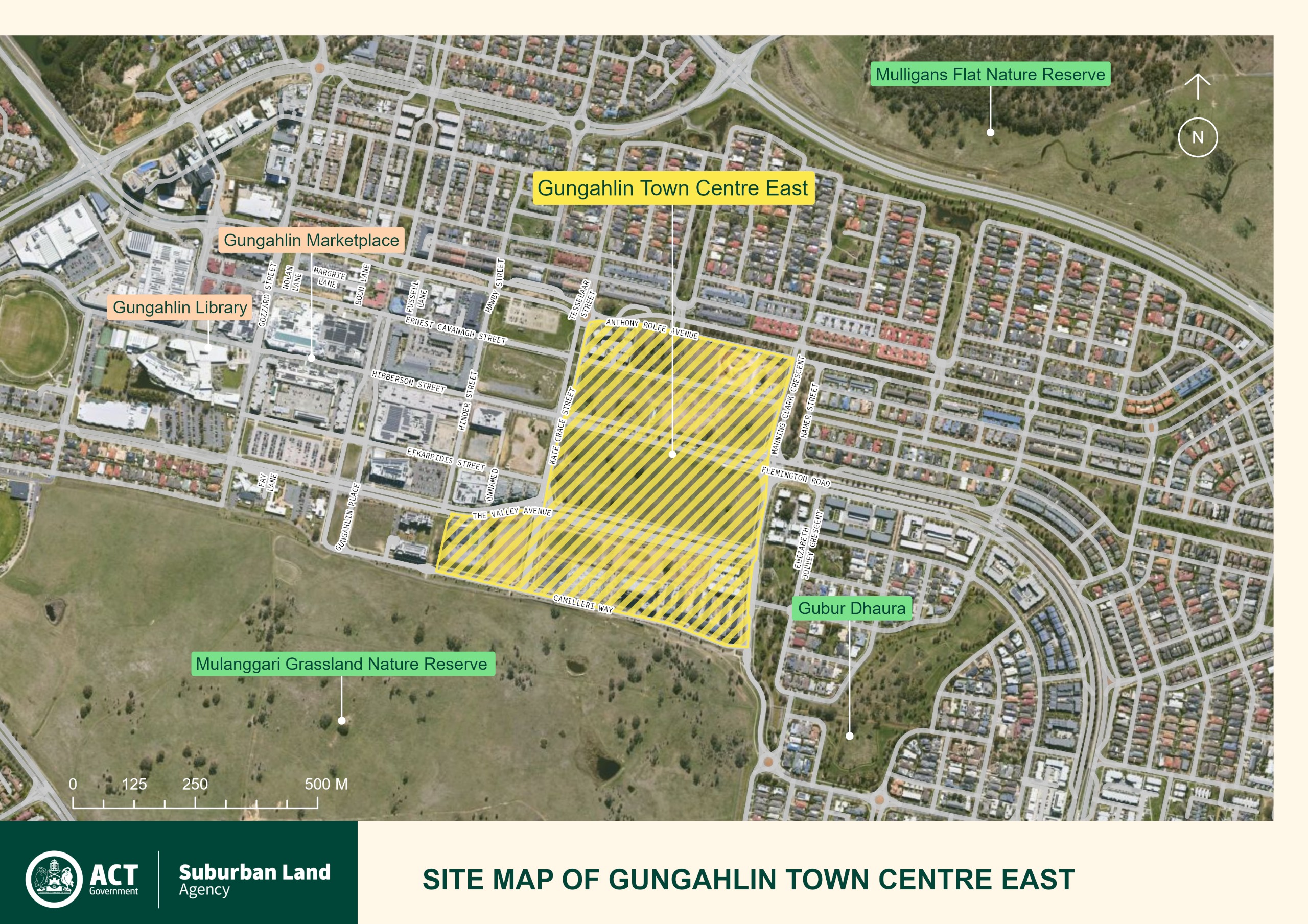 An aerial map indicating the site of Gungahlin Town Centre East