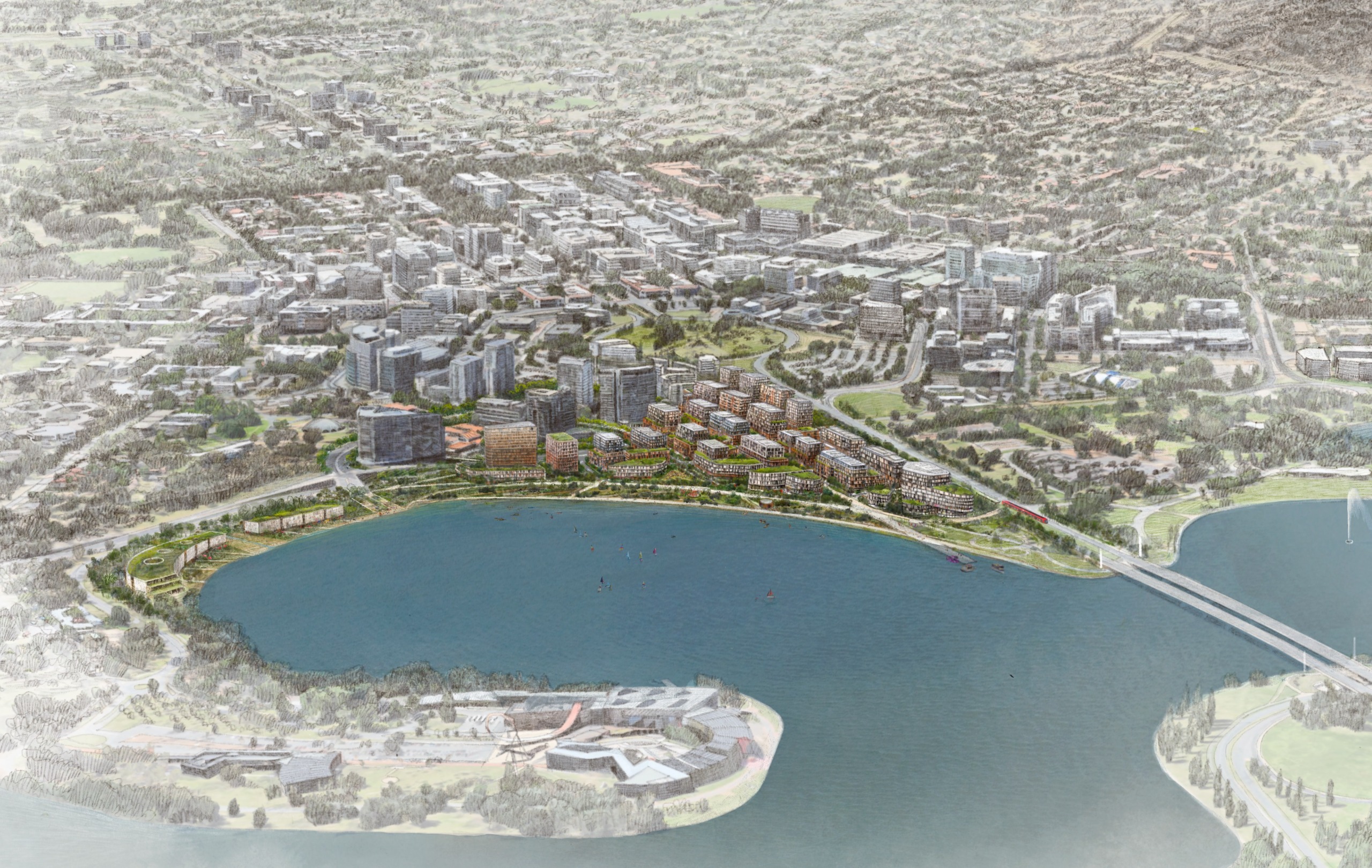 Aerial artists image of future Acton Waterfront