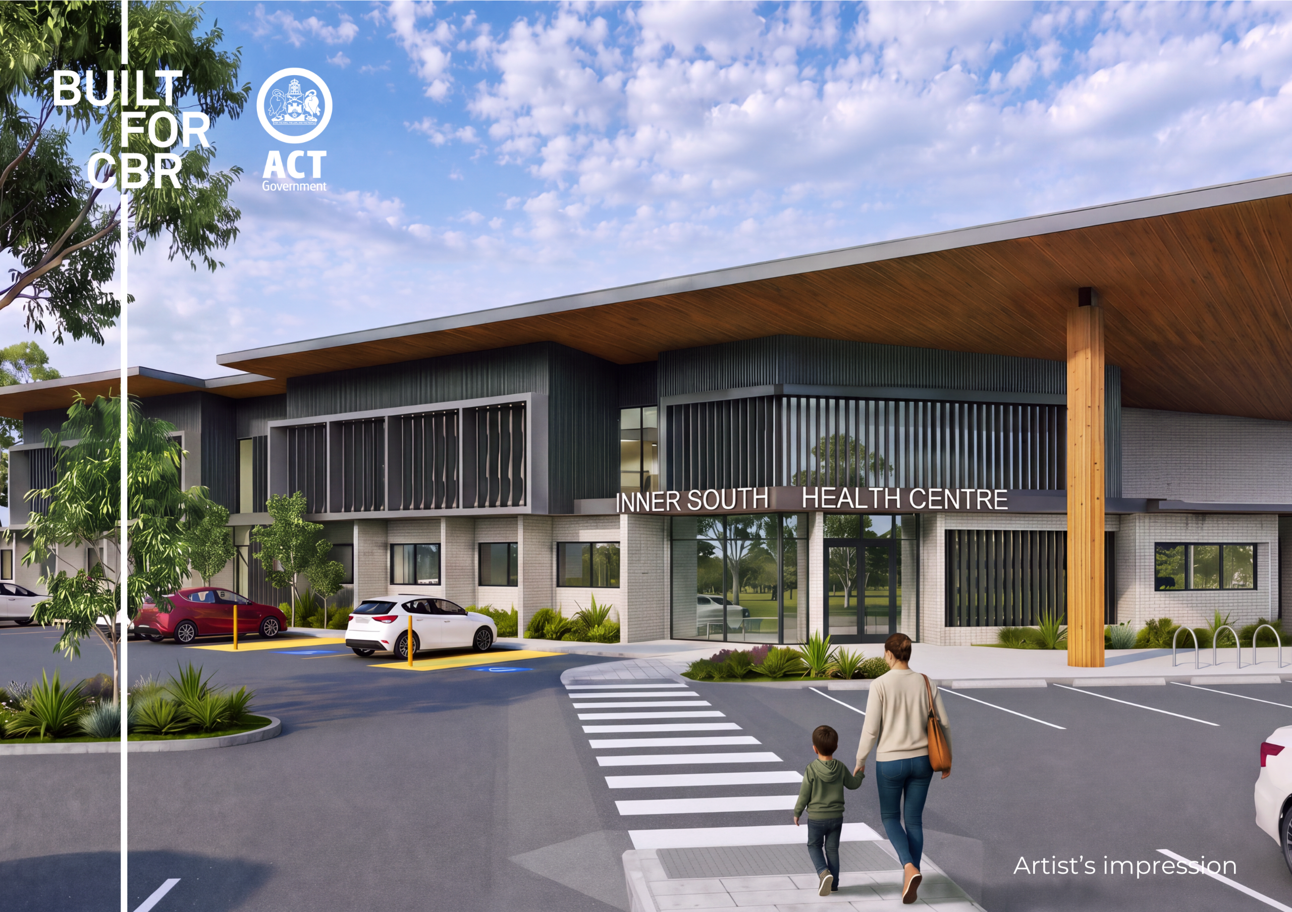 Front entry of the health centre with pedestrian crossing through carpark