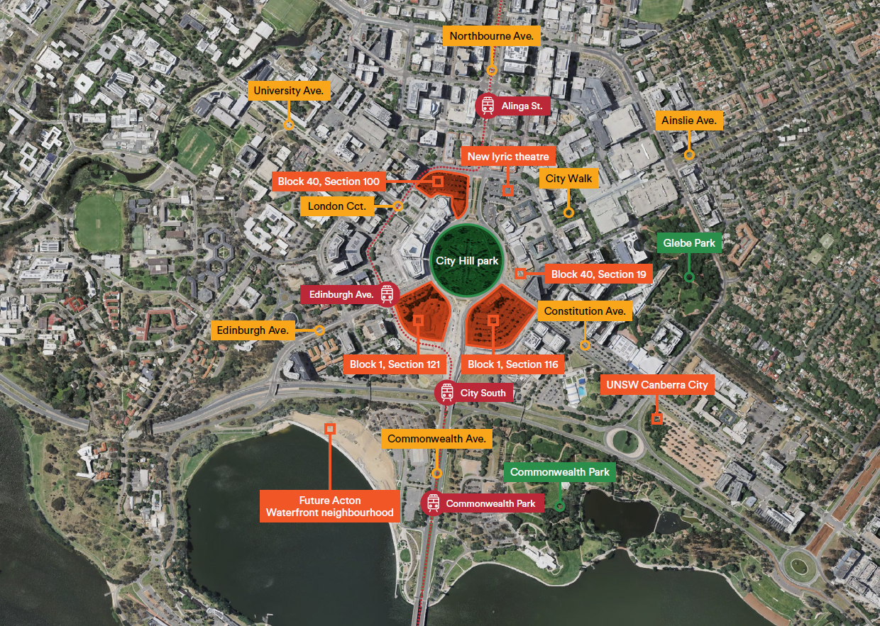 A top down view of the City Centre, denoting current and upcoming construction projects.