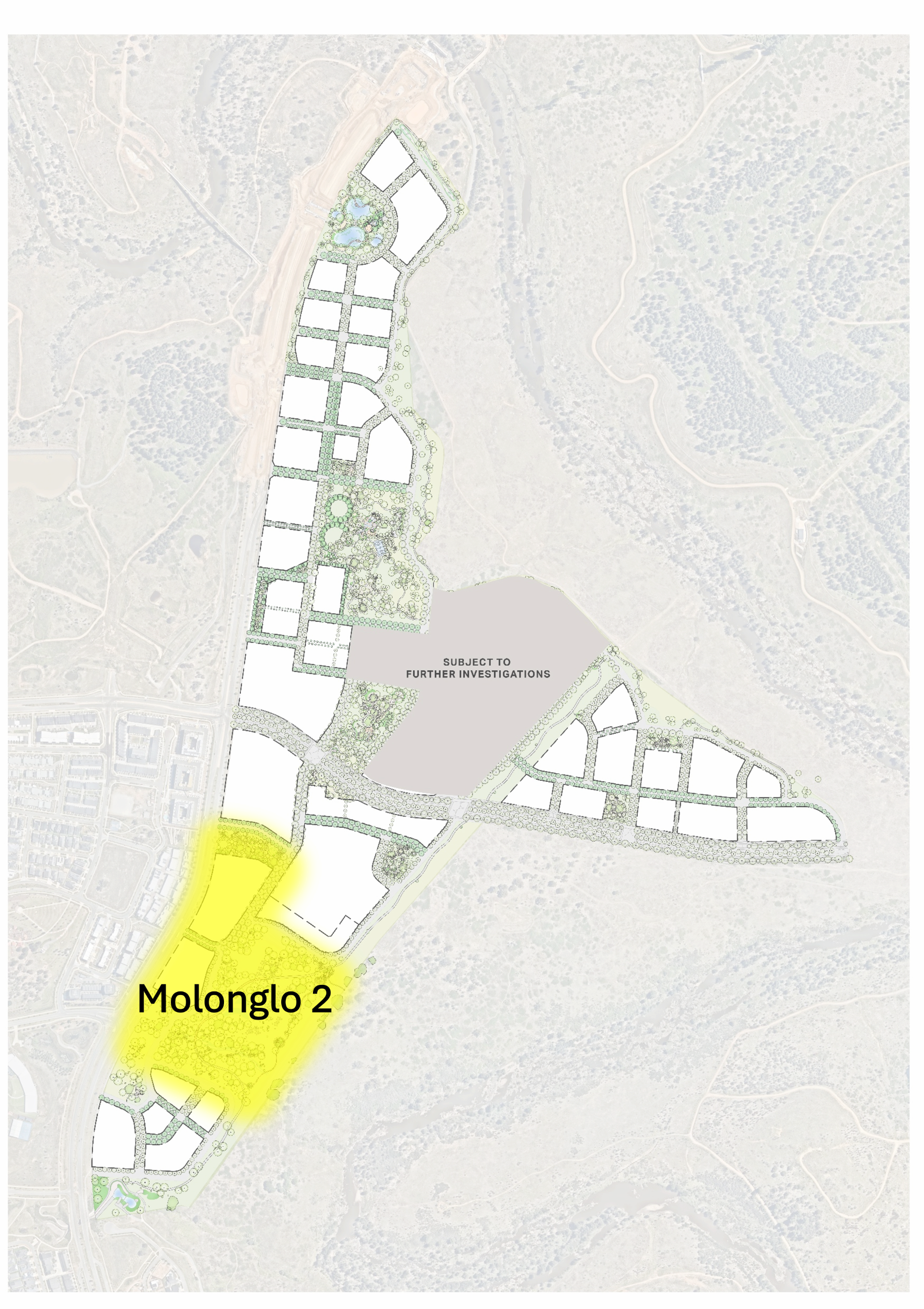 Concept master plan showing the proposed layout of the Molonglo Town Centre. Development blocks are arranged along a north-south corridor and an eastern neighbourhood area, with a central grey area marked “Subject to Further Investigations.” An area label