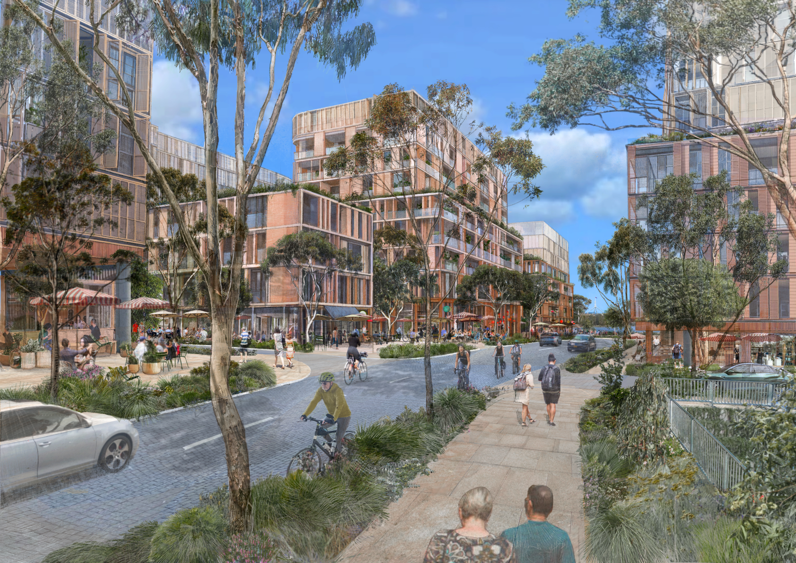Streetscape view from main vehicular bridge crossing Parkes Way, looking towards Lake Burley Griffin