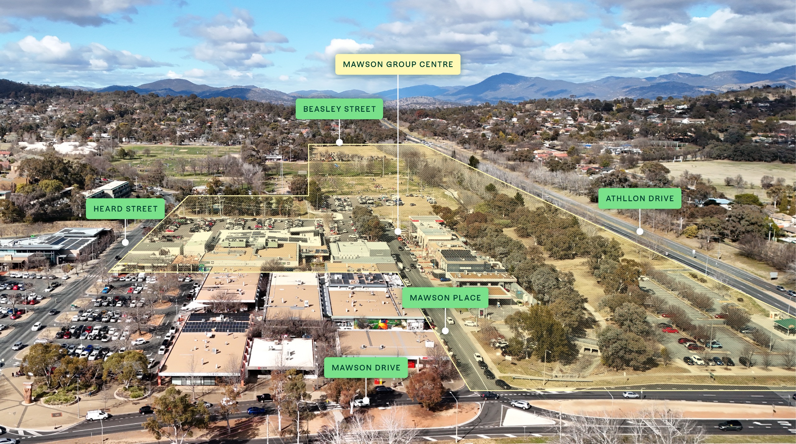 An aerial image of the Mawson Group Centre with text tags identifying key landmark streets, including Beasley Street, Heard Street, Athllon Drive and Mawson Drive.