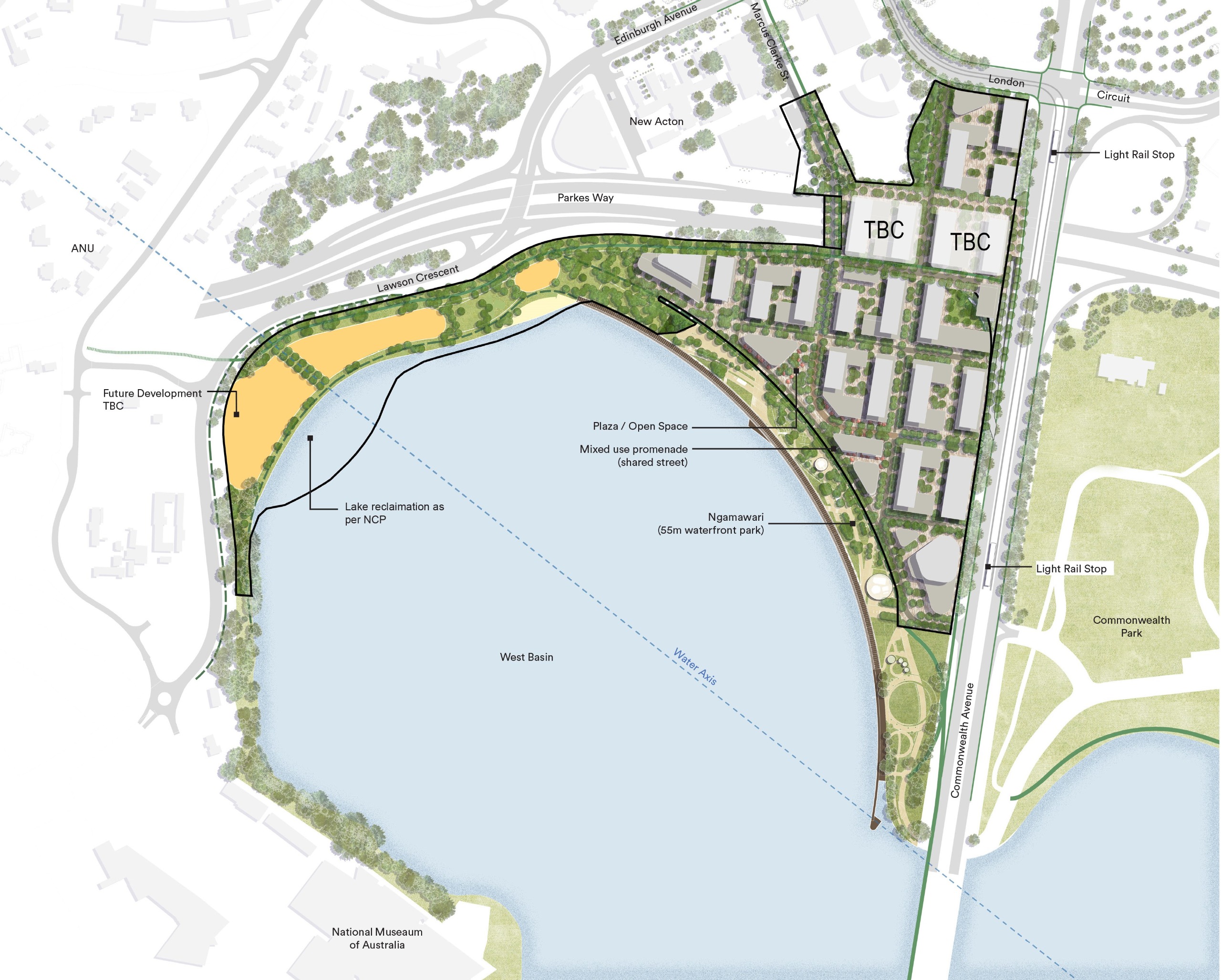 Indicative waterfront layout (Including promenade, recreational spaces, and buildings) 