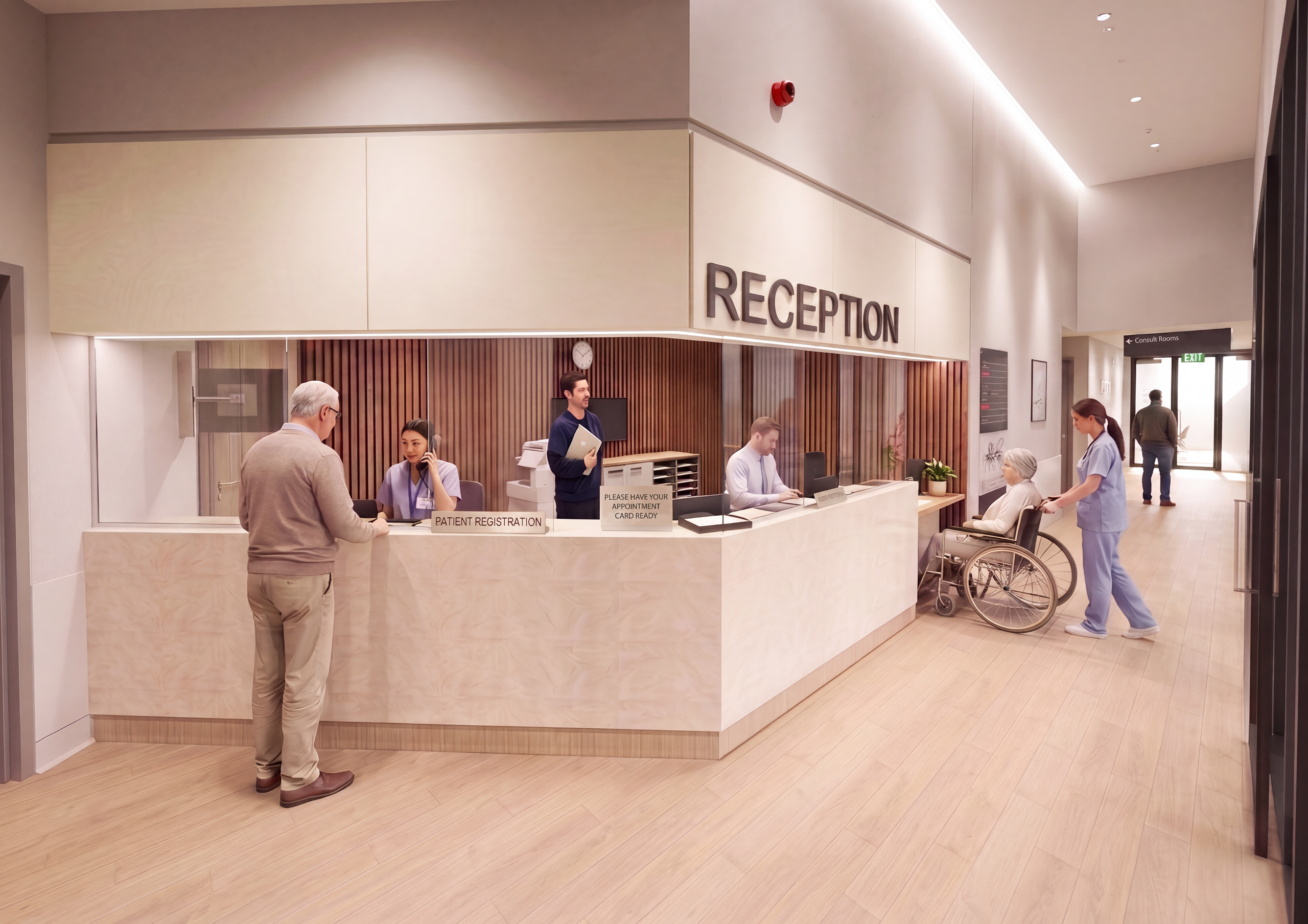 Healthcare reception area with reception staff assisting patients, accessible registration counters, and a wheelchair user being assisted in a bright, modern facility.