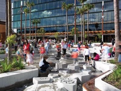 Water play areas, Darling Quarter Playground in Darling Harbour, Sydney